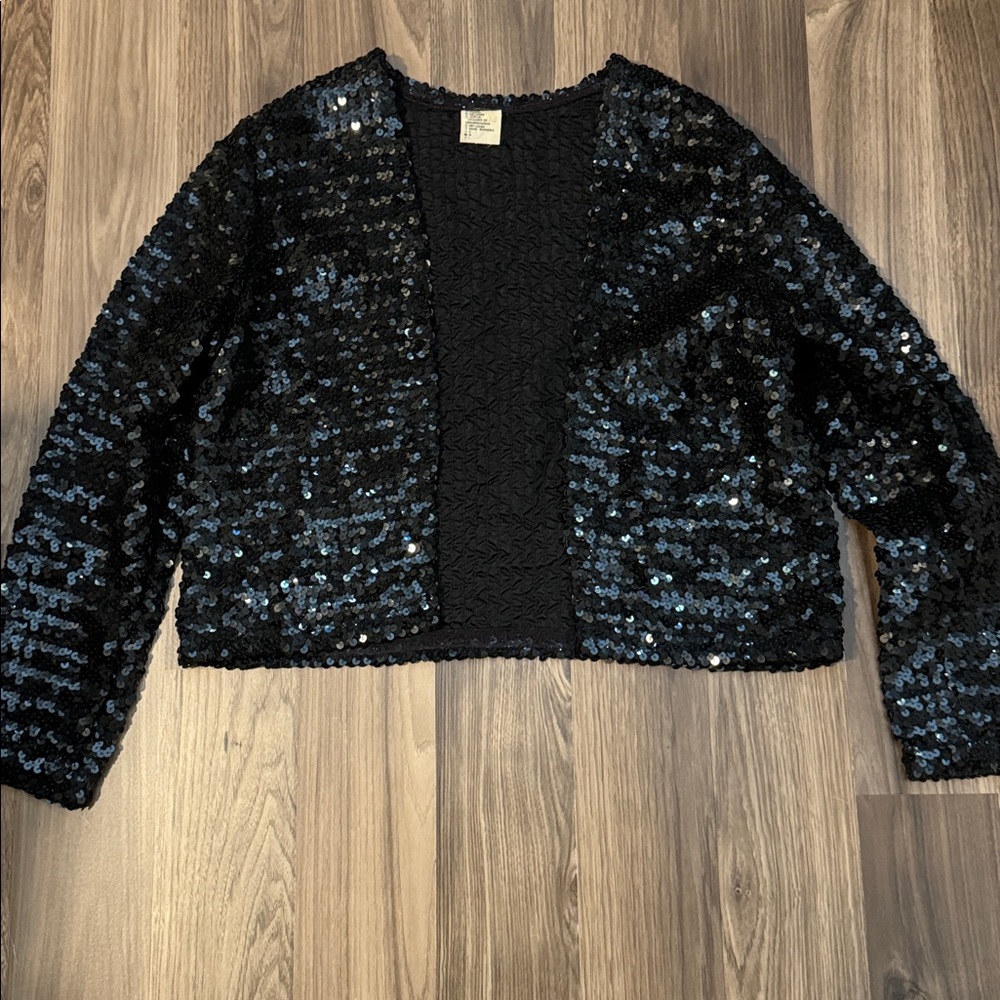 Vintage Sequins Black Cropped Open Front Bolero Lined Jacket M